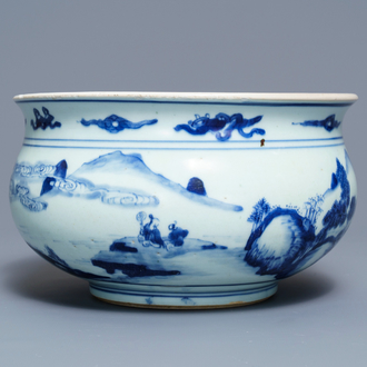 Een Chinese blauw-witte wierookbrander met figuren in een landschap, Kangxi