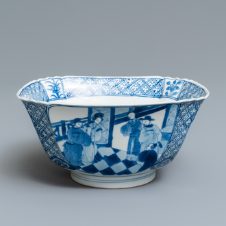 Een Chinese blauw-witte vierkante kom, Chenghua merk, Kangxi