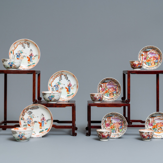 Zeven Chinese famille rose koppen en schotels met mandarijns decor, Qianlong