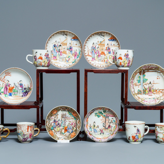 Zes Chinese famille rose koppen en schotels met mandarijns decor, Qianlong