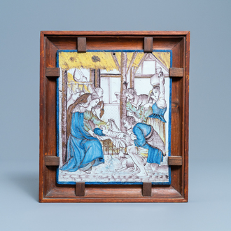 Een rechthoekige polychrome 'Aanbidding der herders' plaquette, Rijsel, Frankrijk, 1e kwart 19e eeuw