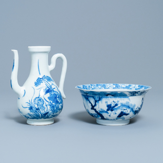 Een Chinese blauw-witte kan en een kom met een tijger, Kangxi merk en periode