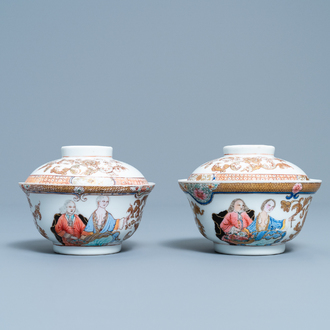 Een paar Chinese famille rose dekselkommen met een Europees koppel, Yongzheng