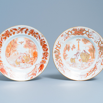 Twee Chinese 'melk en bloed' borden met doopscènes, Kangxi