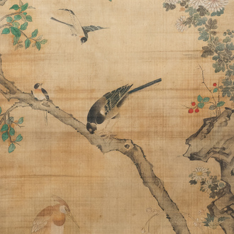 Chinese school, inkt en kleur op zijde, 18/19e eeuw: 'Vogels en hun prooien'
