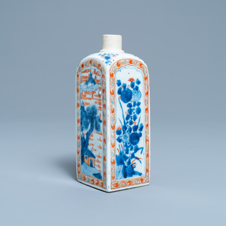 A square Chinese verte-Imari flask with floral and landscape panels, Kangxi