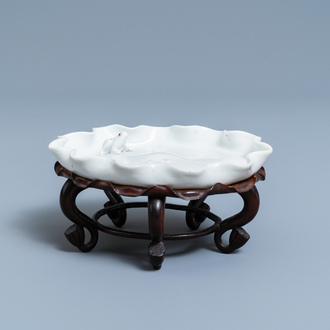 Een Chinese blanc de Chine penselenwasser met een kikker op lotusblad op houten 'lotus' sokkel, Kangxi/Yongzheng