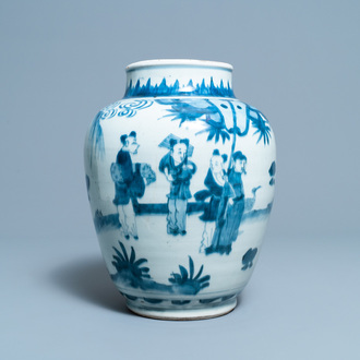 Een Chinese blauw-witte pot met figuren in een landschap, Transitie periode