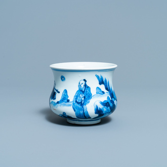 Een Chinese blauw-witte wierookbrander met figuren in een landschap, Kangxi