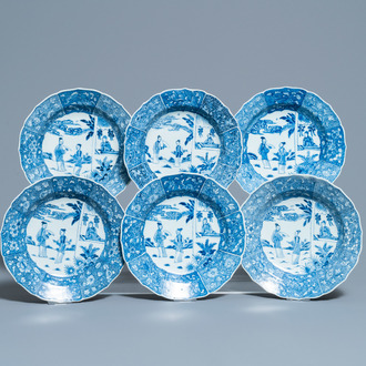 Zes Chinese blauw-witte 'Xi Xiang Ji' borden, Qianlong