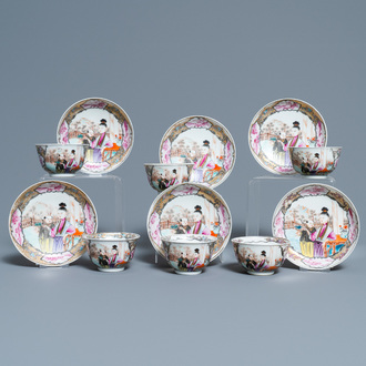 Zes fijne Chinese famille rose koppen en schotels met mandarijns decor, Qianlong