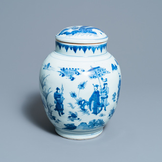 Een Chinese blauw-witte dekselpot met figuren in een landschap, Transitie periode