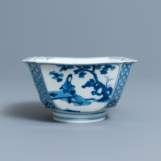 Een vierkante Chinese blauw-witte kom, Chenghua merk, Kangxi