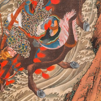 Katsushika Hokusai (Japan, 1760 – 1849), inkt en kleur op zijde: Ryubi springt te paard over een stroom, ca. 1834