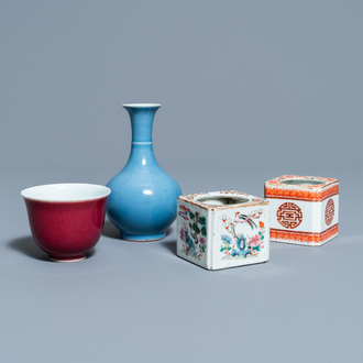 Two Chinese brush washers, a monochrome blue vase and a sang de boeuf-glazed bowl, 19/20th C.