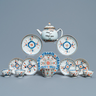 Een Chinese famille verte theepot, zeven schotels en vijf koppen, Kangxi