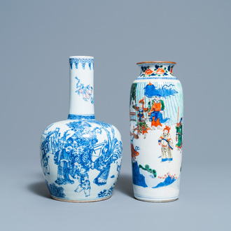 Een Chinese wucai rouleau vaas en een blauw-witte en koperrode vaas, 19/20e eeuw