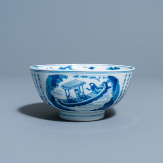 Een Chinese blauw-witte 'Ode aan de rode klif' kom, 'Qi yu bao ding zhi zhen' merk, Kangxi