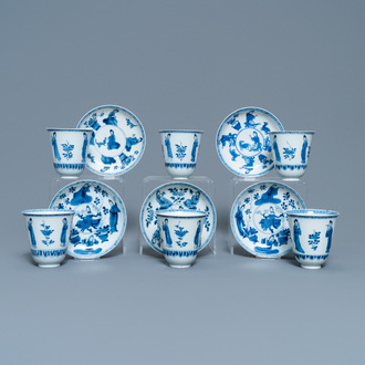 Zes grote Chinese blauw-witte koppen en vijf schotels, Yu merk, Kangxi