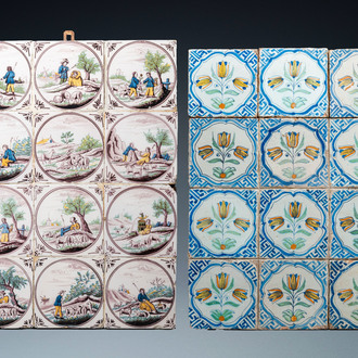 Twee velden van twaalf polychrome Delftse tegels, 17e en 19e eeuw