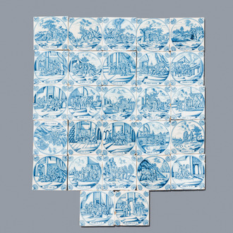 Zevenentwintig fijne blauw-witte Delftse bijbeltegels met anjerhoeken, 18e eeuw