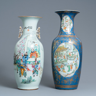 A Chinese famille verte powder blue-ground vase and a famille rose vase, 19th C.