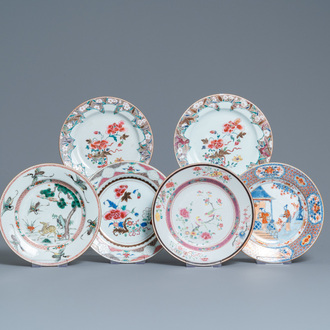 Zes Chinese famille rose, verte en Imari-stijl borden, Kangxi/Qianlong