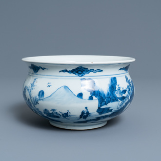 Een Chinese blauw-witte wierookbrander met figuren in een berglandschap, Kangxi