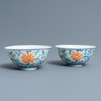 A pair of Chinese doucai bowls, four-character mark, 20th C.