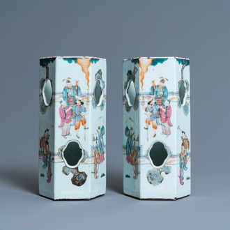 A pair of reticulated Chinese famille rose hat stands, 19th C.