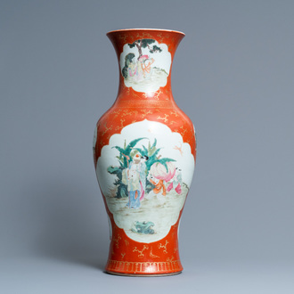 A Chinese famille rose coral red-ground vase, Qianlong mark, Republic