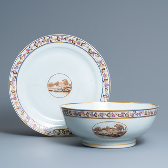 Een grote Chinese famille rose exportporseleinen kom met bijhorende schotel, Qianlong