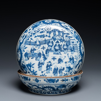 Een Chinese blauw-witte 'honderd jongens' dekseldoos, Wanli merk en periode