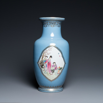 A Chinese famille rose lavender-blue-ground vase, Qianlong mark, Republic