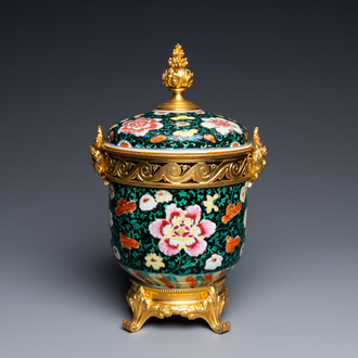 A Chinese gilt bronze-mounted famille noire bowl and cover, Qianlong