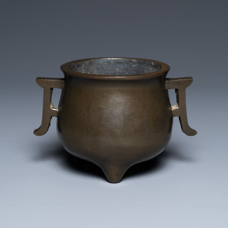 A Chinese silver-inlaid bronze censer, Xuande mark, Qianlong