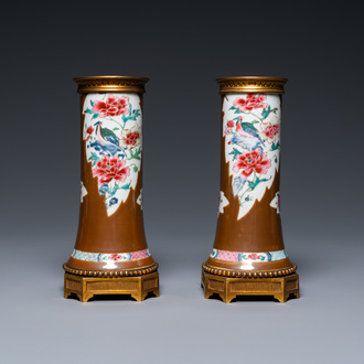 A pair of Chinese famille rose vases with gilt bronze mounts, Qianlong