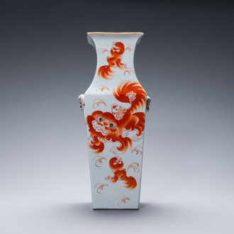 A Chinese square iron-red 'Buddhist lions' vase, 19th C.