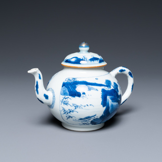Een Chinese blauw-witte 'landschaps' theepot met deksel, Chenghua merk, Kangxi