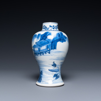 Een Chinese blauw-witte vaas met een bergachtig landschap, Kangxi