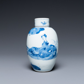 Een Chinese blauw-witte theebus met deksel, Kangxi