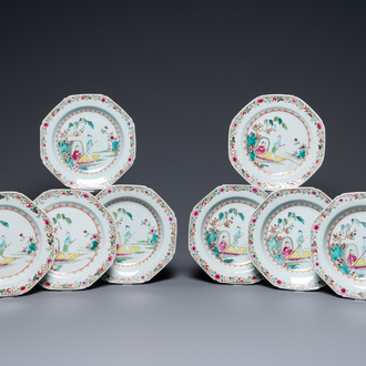 Eight Chinese famille rose plates with a couple in a boat, Qianlong