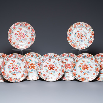 Nine Chinese famille rose plates with floral design, Qianlong