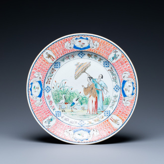 A Chinese famille rose 'Dames au Parasol' dish after Cornelis Pronk, Qianlong
