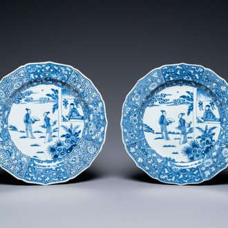 A pair of Chinese blue and white 'Xi Xiang Ji' dishes, Qianlong