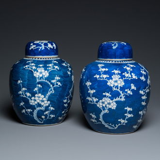 Een paar Chinese blauw-witte dekselpotten, 19e eeuw