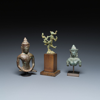Drie bronzen Khmer sculpturen van Boeddha, Himmapan en Uma, Cambodja en Thailand, Bayon, 11e eeuw en later