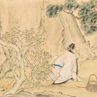 Feng Chaoran 馮超然 (1882-1954): 'Twee geleerden onder een pijnboom', inkt en kleur op zijde, gedateerd 1927
