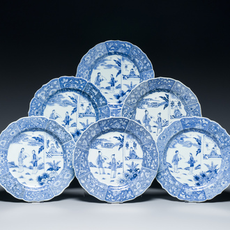 Zes Chinese blauw-witte 'Xi Xiang Ji' borden, Qianlong