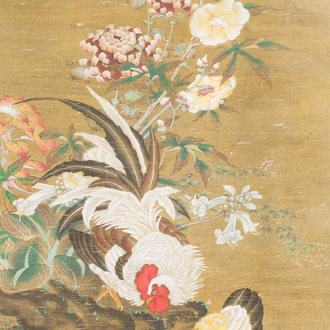 Chinese school: 'Rooster and flowers', ink and colour on silk, 19/20th C.